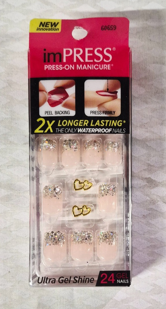 Kiss Impress Press-On Nails 24 Gel Nails Ultra Shine ONE SHINE DAY Nude Glitter