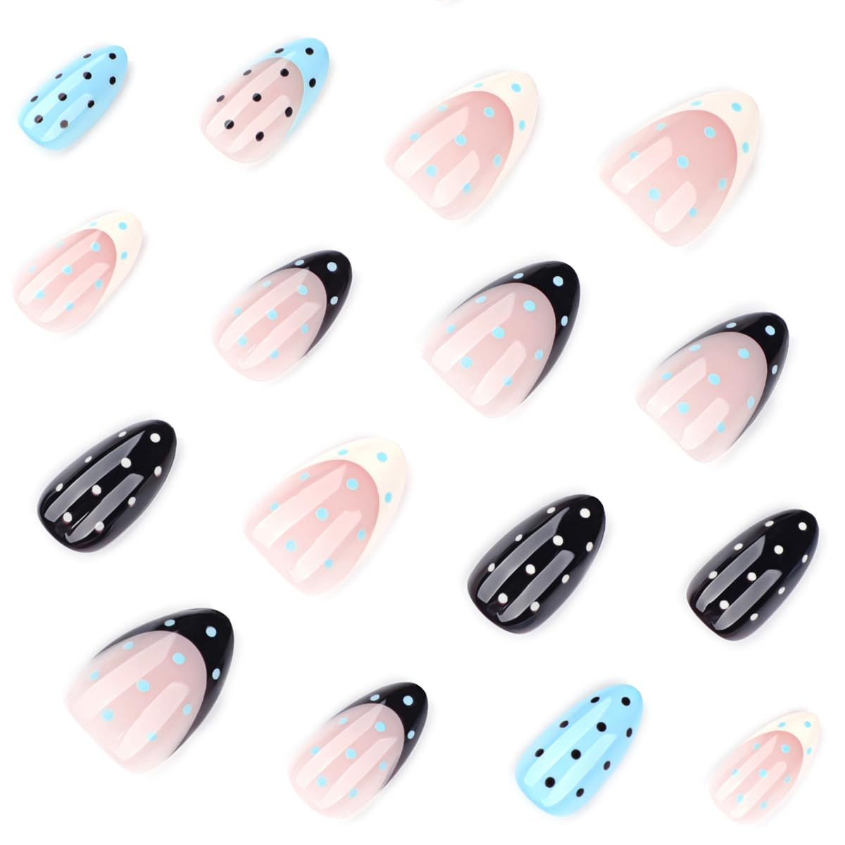 Polka Dot Press on Nails Short Almond Fake Nails Summer Blue Nails Press Ons wit