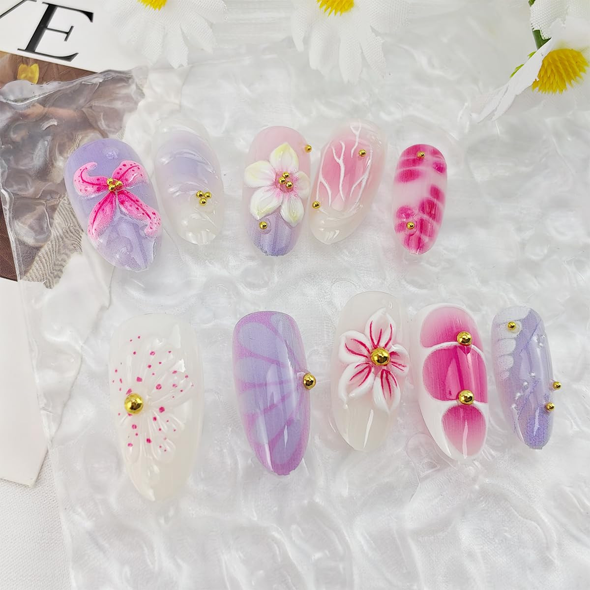 30Pcs Pink Flower Press on Nails Medium Almond Fake Nails with Gold Pearl Rhi…