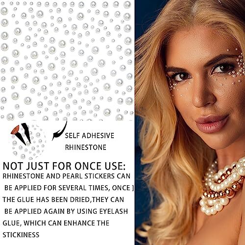 1450 Pieces Eye Face Gems White Pearls Self-Adhesive Rhinestone Rainbow, Pearl