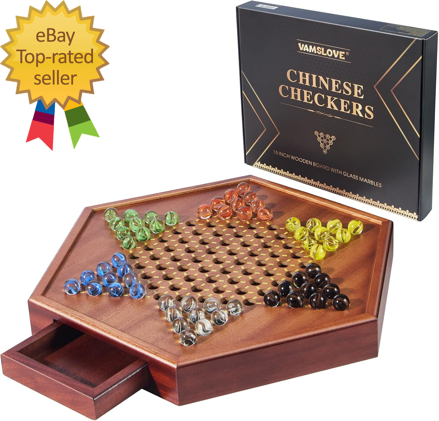 Chinese Checkers 15″ Large Upgraded Version Wooden Game Board 16Mm 60 Colorful