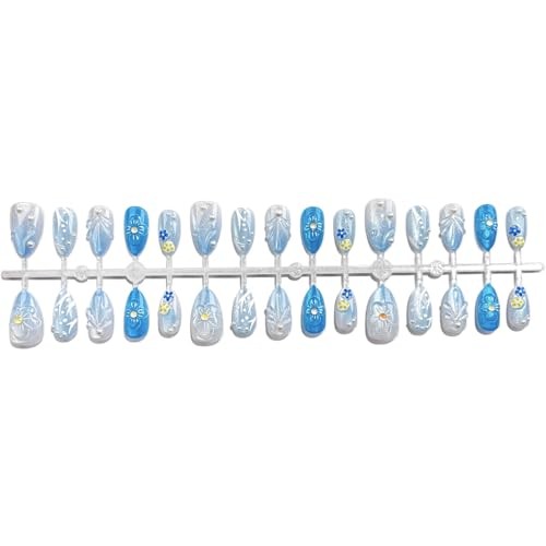 30Pcs Blue Ombre Press on Nails Short Almond Fake Nails Blue Beach Flower-4