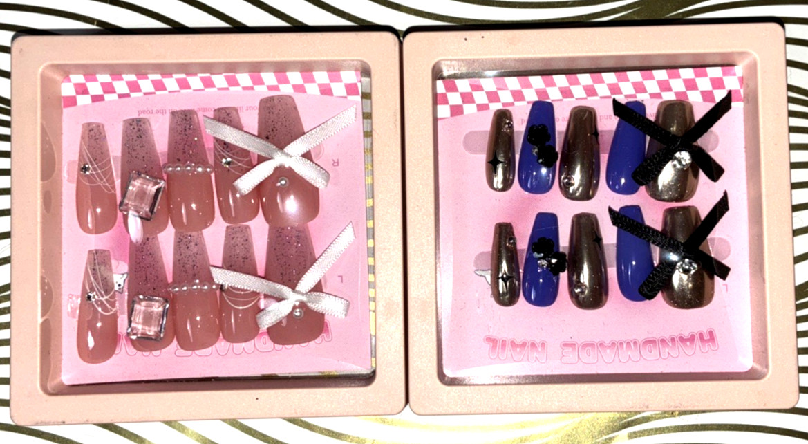 Set of 2 Designer Nail Art Press on Nails Pink & Silver & Purple Embellished