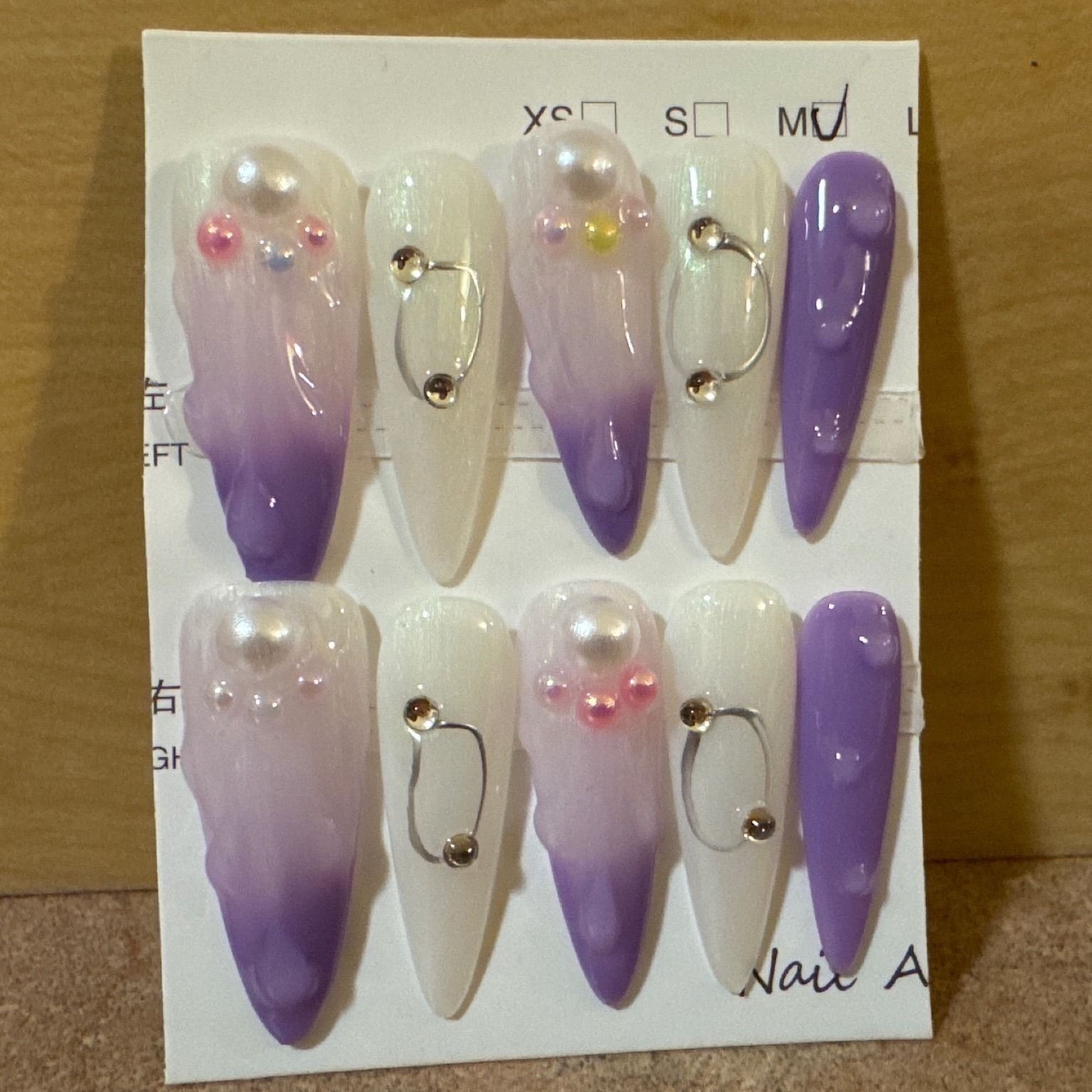 Purple White Ombre Stiletto Press On Nails 3D Pearl Rhinestone Accents Size M