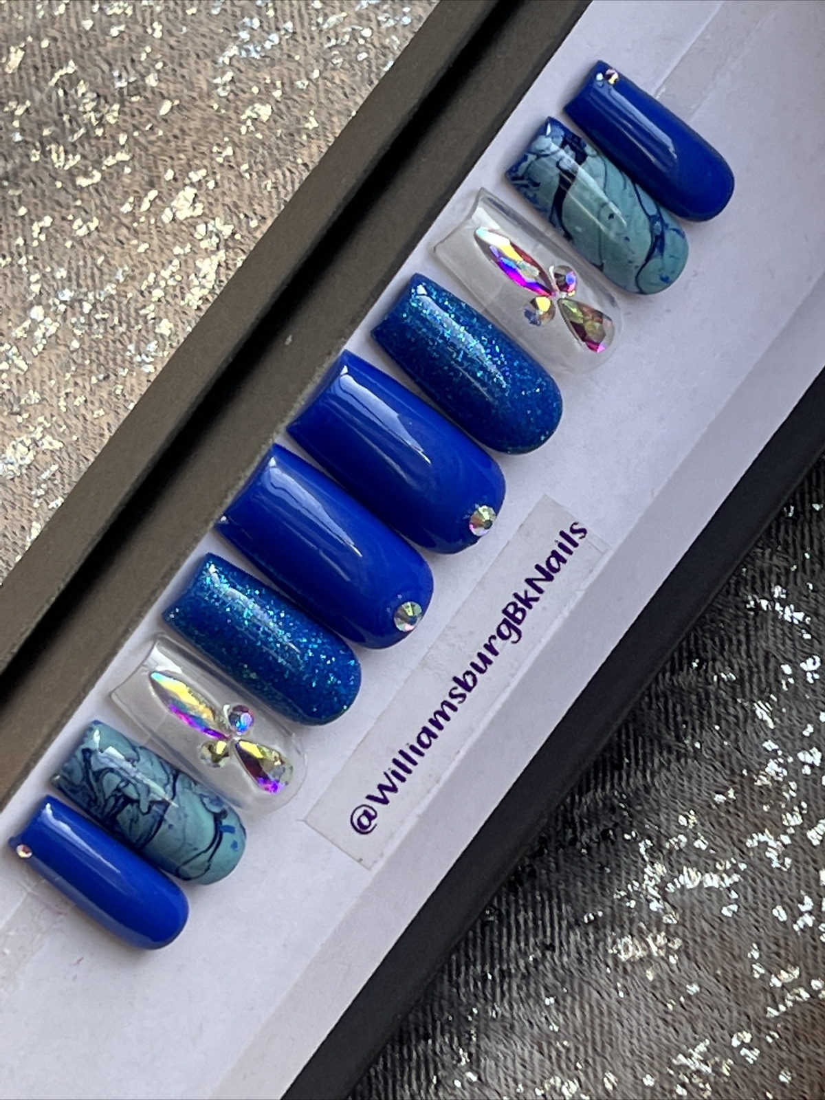 🔥CUSTOM Gel press On Nails, BLUE BLING , Medium Square, 10p Set With FULL KIT