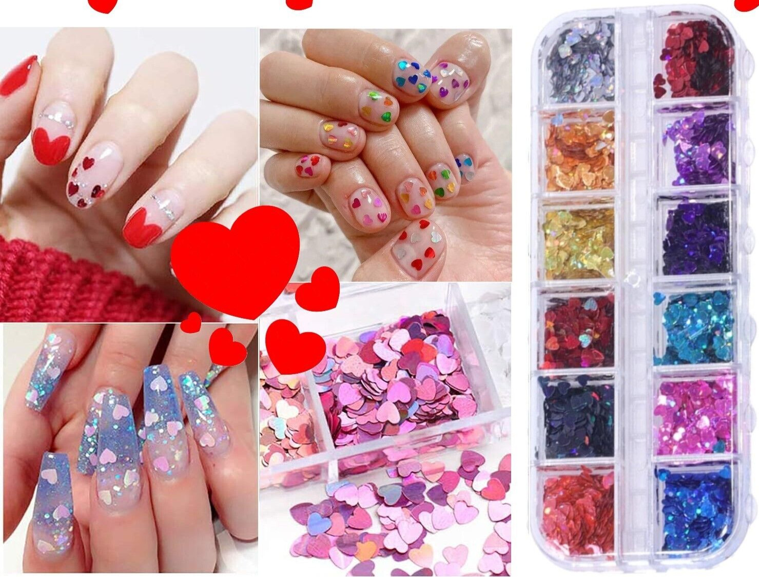 12 Grid 3D Love Heart Nail Art Glitter Holographic Laser Chunky Face Body Tattoo