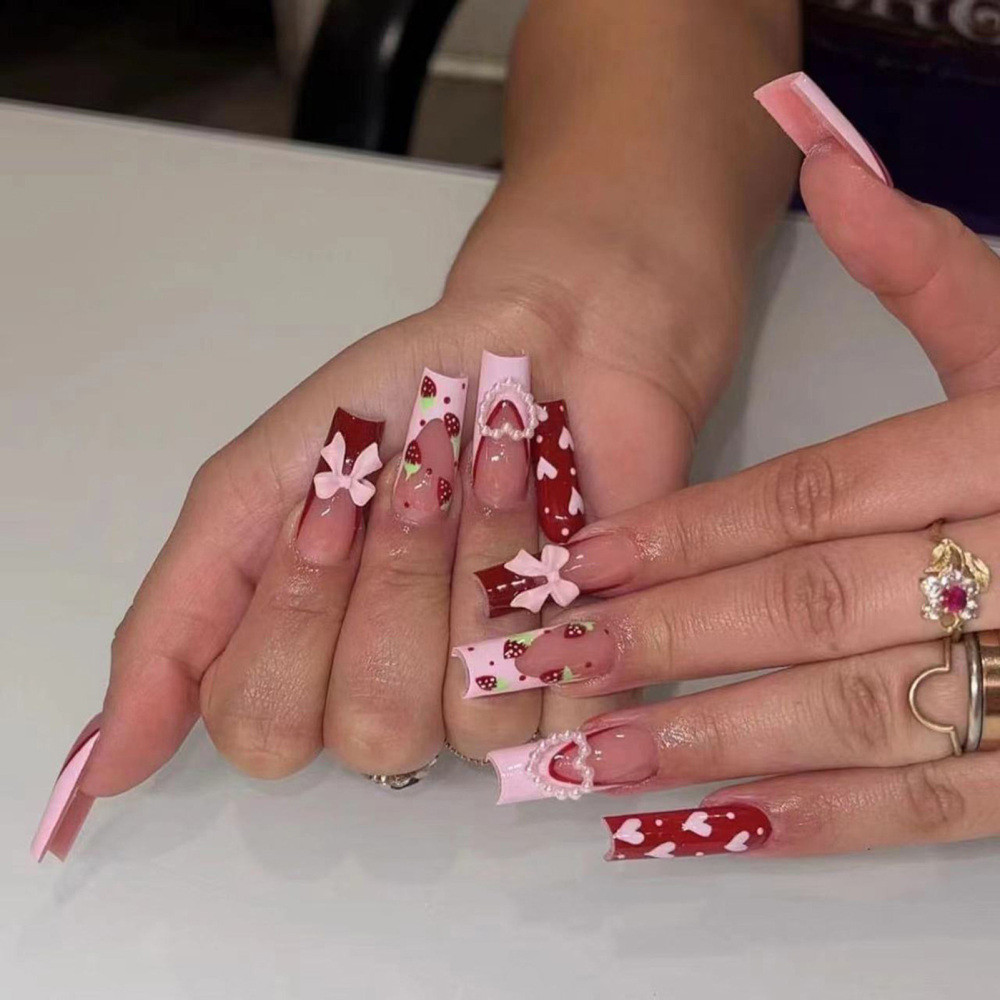 Valentine’s Day Pink Long Tube Fake Nails Full Cover Square Artificial Nail Gift