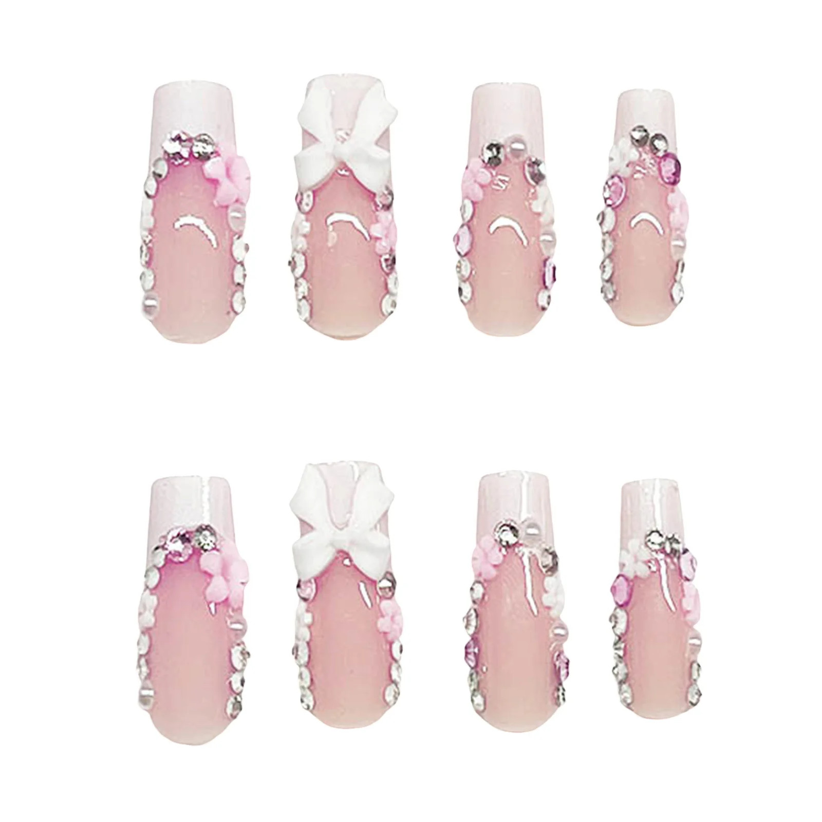 24Pcs White French Rhinestone Pearl Wedding Press On Nails