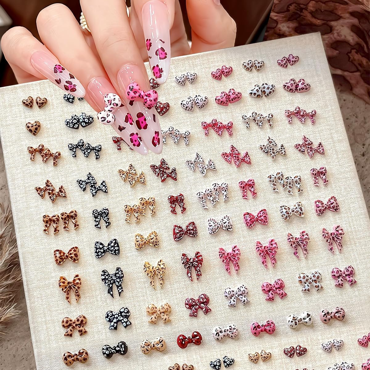 150Pcs Bow Heart Nail Art Charms Bow Nail Rhinestone with Leopard Print Designs