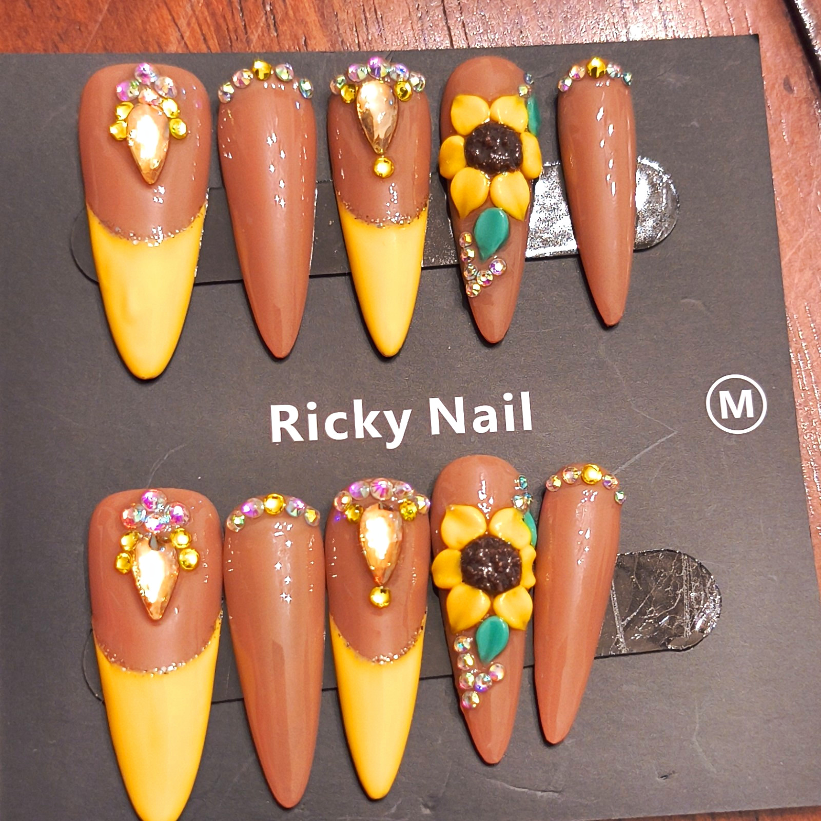 Ricky Nail Press-On Nails Long Coffin Yellow 3D Shiny Full Cover Flower Medium