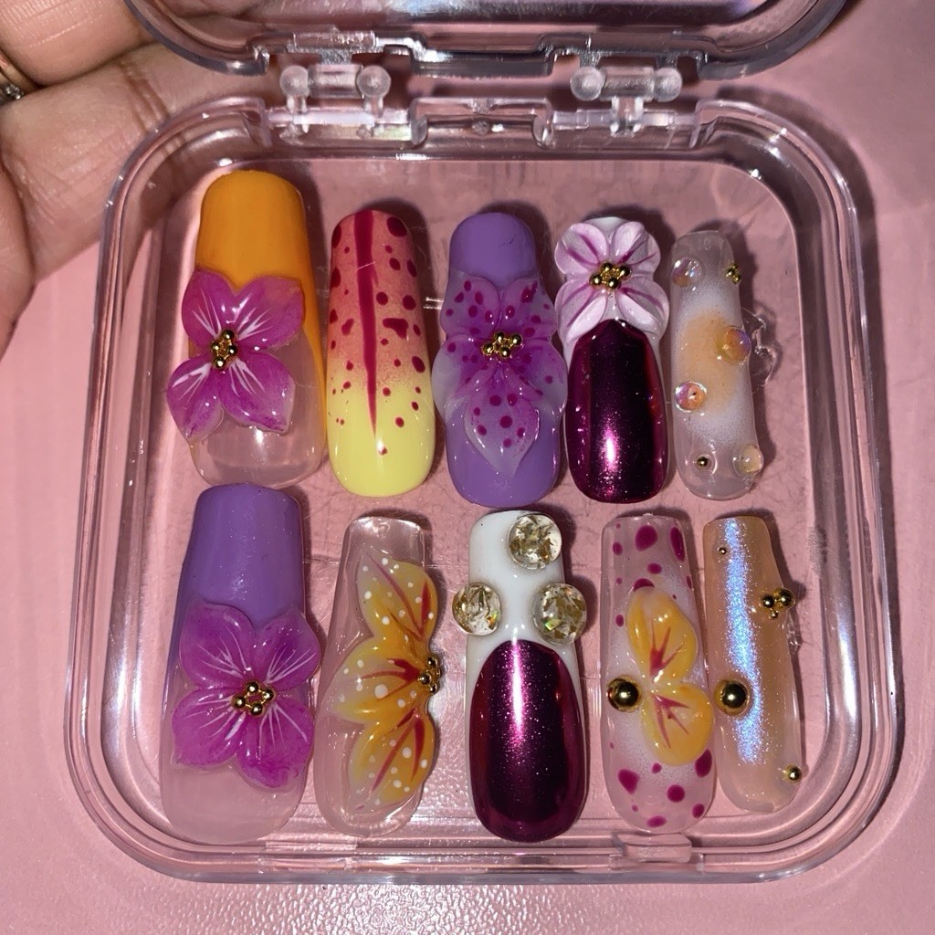 3D Flower Press-On Nails Long Full Cover Pre-Designed Purple Pink medium