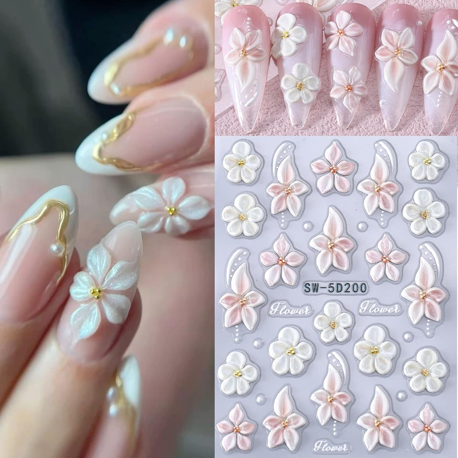 Flower Nail Art Stickers Decals 6PCS 5D Embossed Hibiscus Nail Stickers Self Adh
