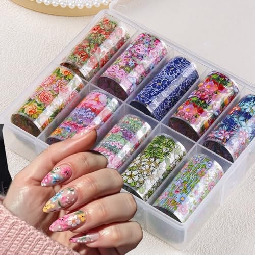 10 Rolls Flower Nail Foil for Nail Art Colorful Spring flower nail stickers-2