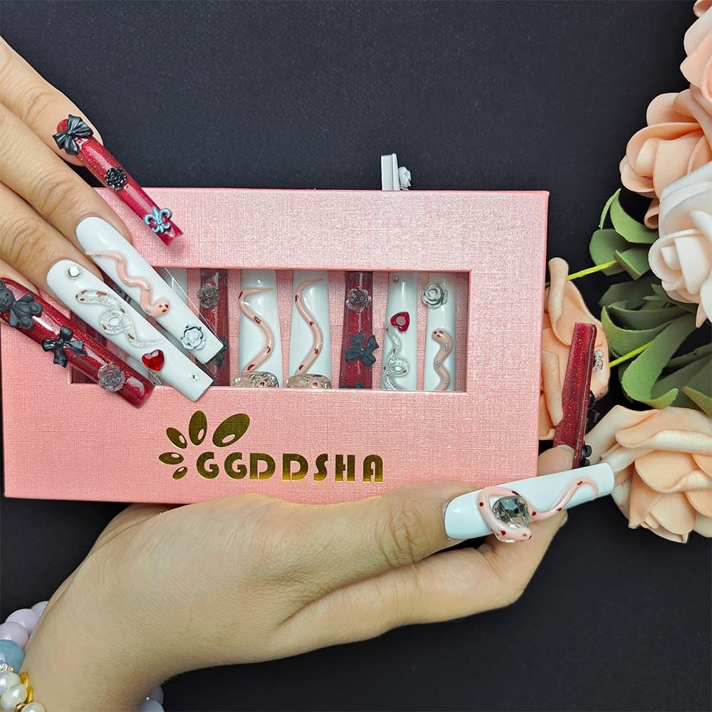 Dark Cherry Love Long Handmade Acrylic Press On Nails