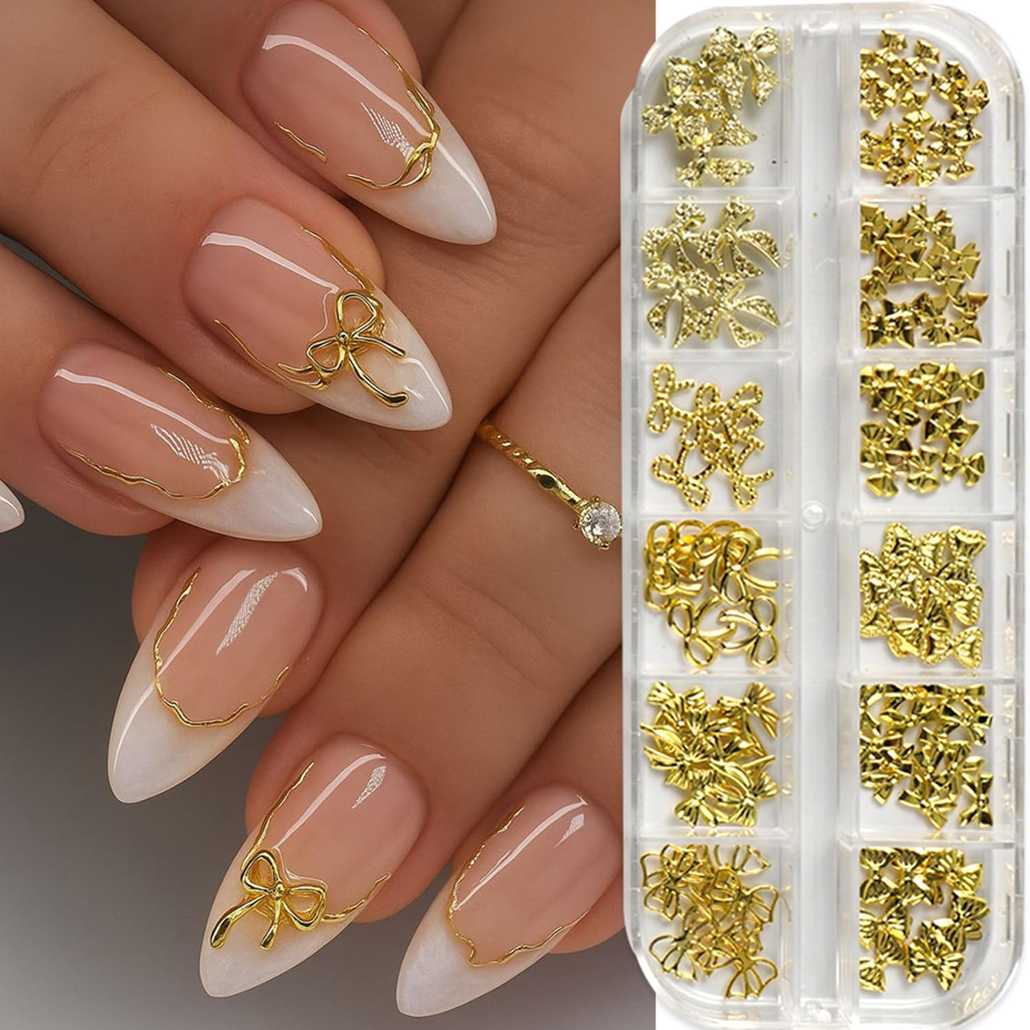 12Grids Gold Bow Nail Charms 3D Metal Bow Nail Art Charms Cute Bow Knot Nail Rhi