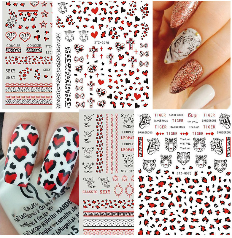 3D Nail Art Stickers Red Black Leopard Tiger Print Lace Heart Self-Adhesive NH23