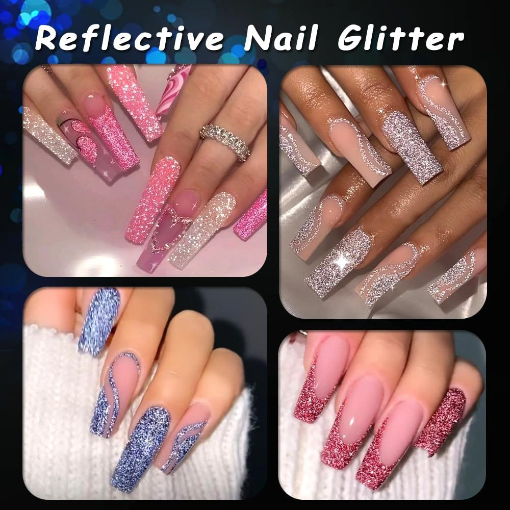 Reflective Glitter Powder Set, 8 Colors Holographic Sparkle Glitter Dust, Flash