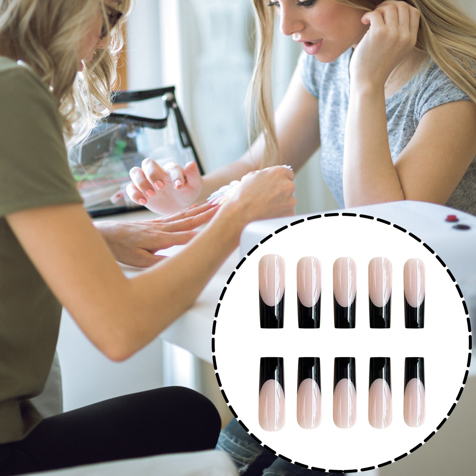 Black Edge French Tips,Square Long Press On Nail,Nude Fake Nail,Daily False Nail