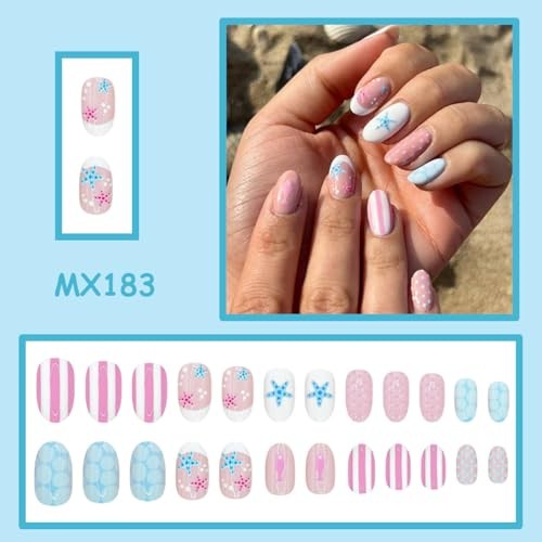 Summer Press on Nails – Short Oval – Pink Blue Fake Nails with Style-A Style-24