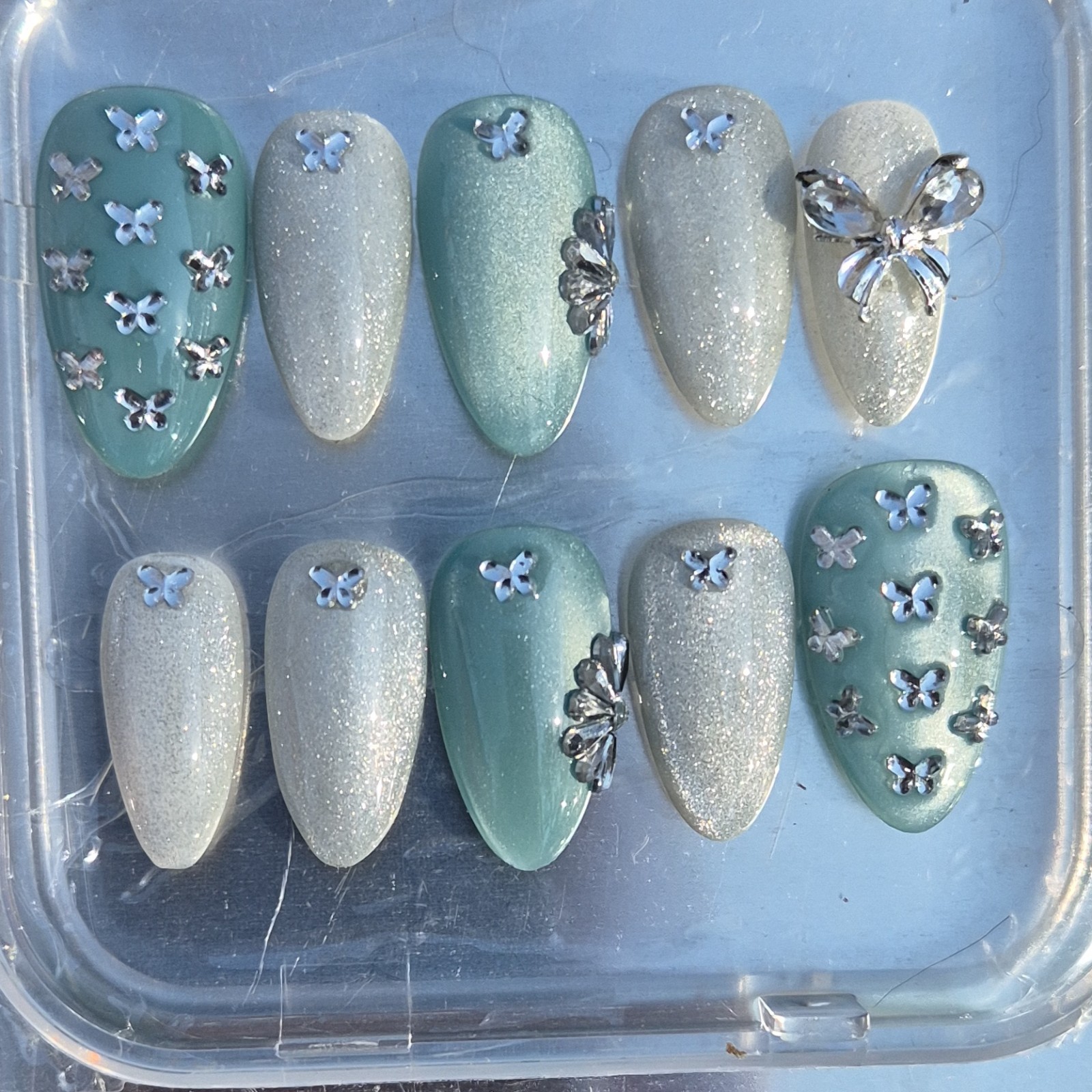 Silver Teal Butterfly 3D Almond Press-On Nails Set Pre-Designed Full Cover
