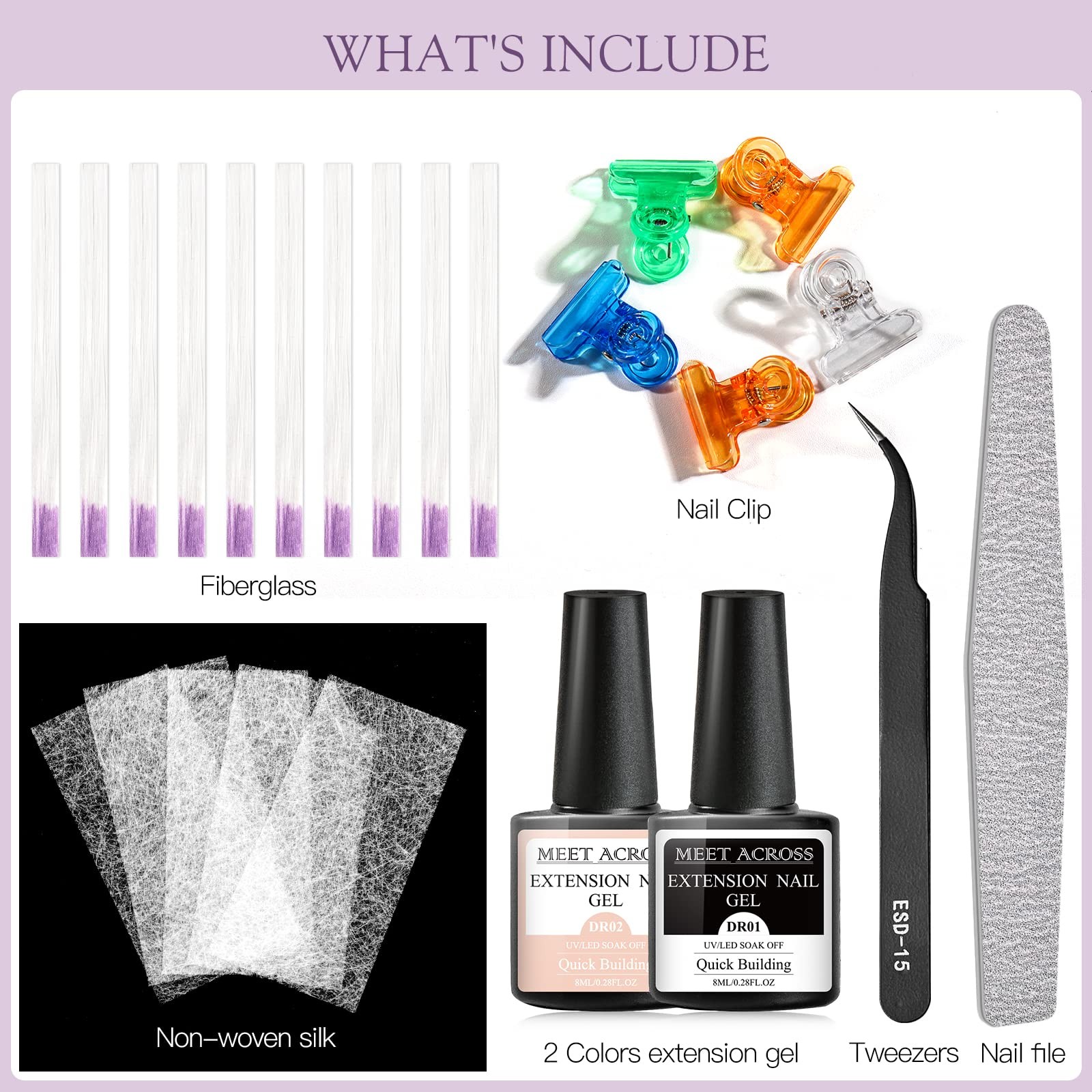 Nail Extension Kit Fiberglass Clear Pink Builder Gel with Nail File Tweezers