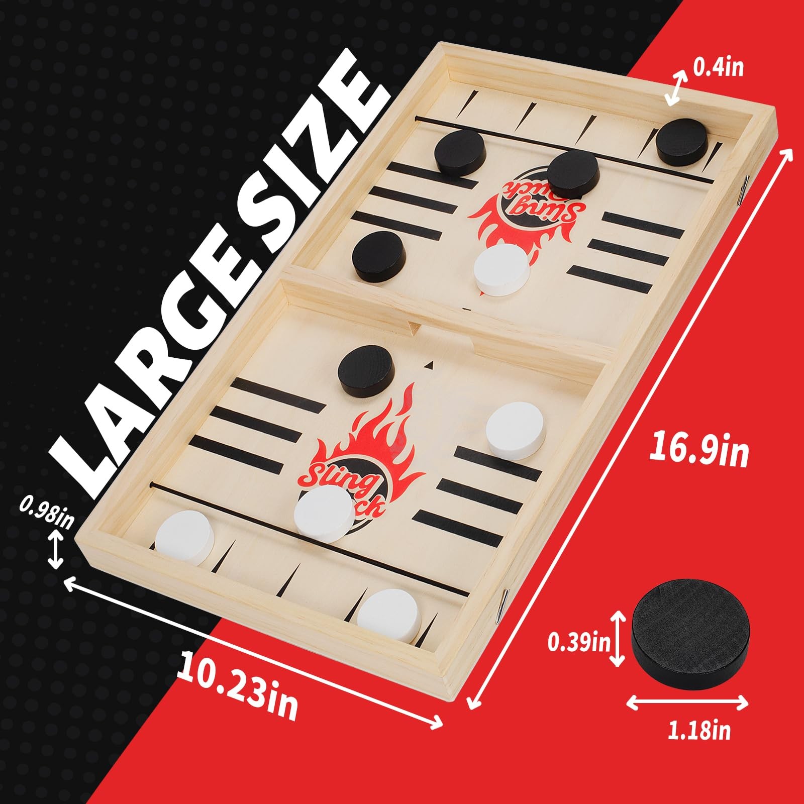 Large Fast Classic Slingshot Puck Game, Wooden Hockey Board Games red, black