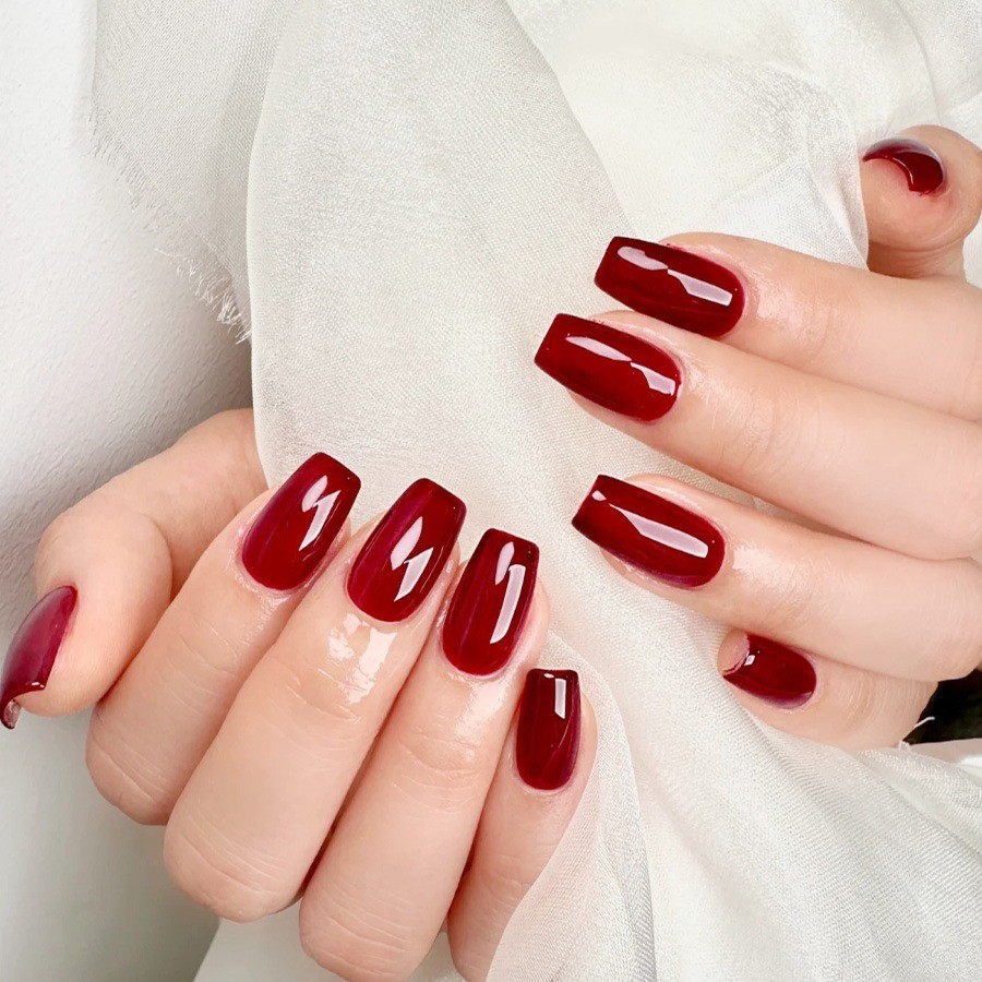 48 Pcs Solid Wine Red Glossy Coffin Press on Nails, Elegant Nude Fake Nails