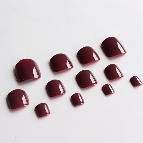 Glossy Burgundy Red Press on Toes Nails Short Square, Solid glossy burgundy