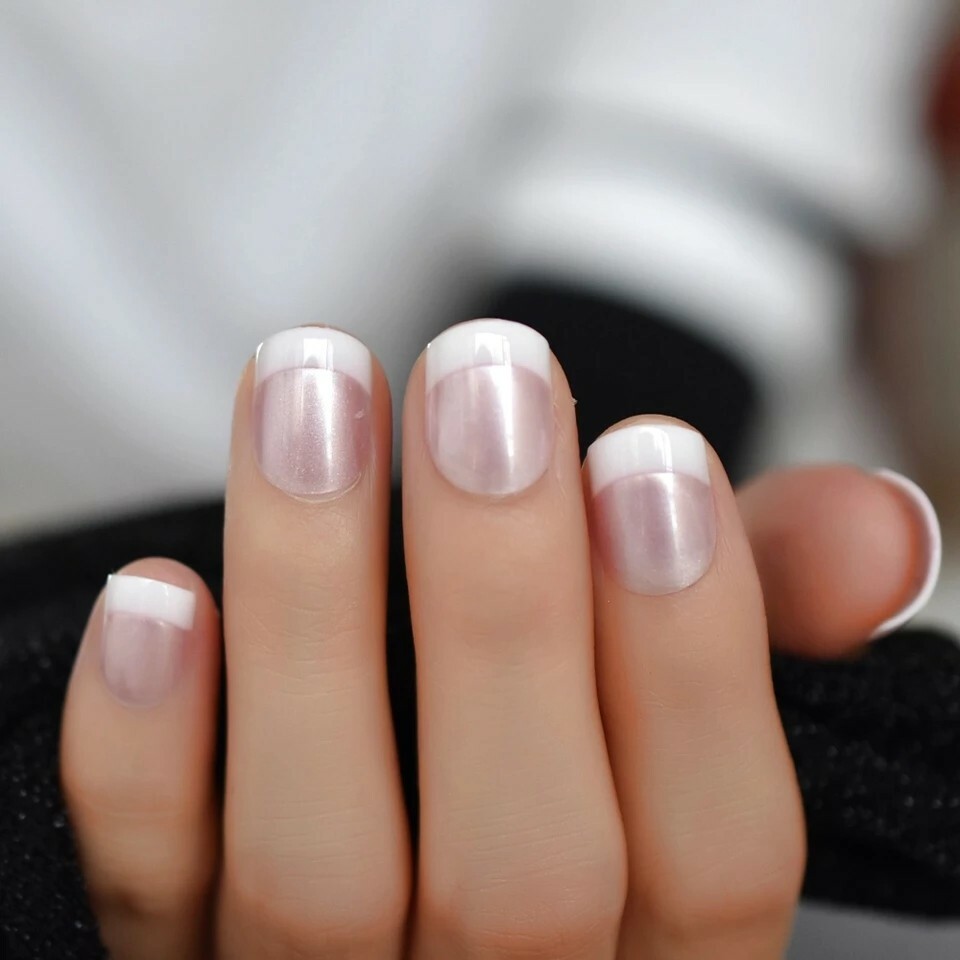 24 Short French Mani Press on nails glue on white tip Pearl Pink kit