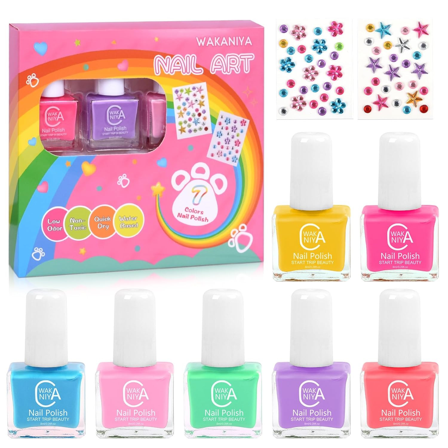 Kids Non Toxic Nail Polish Set for Girls with Gems Nail Stickers, 7 Color Peel-O