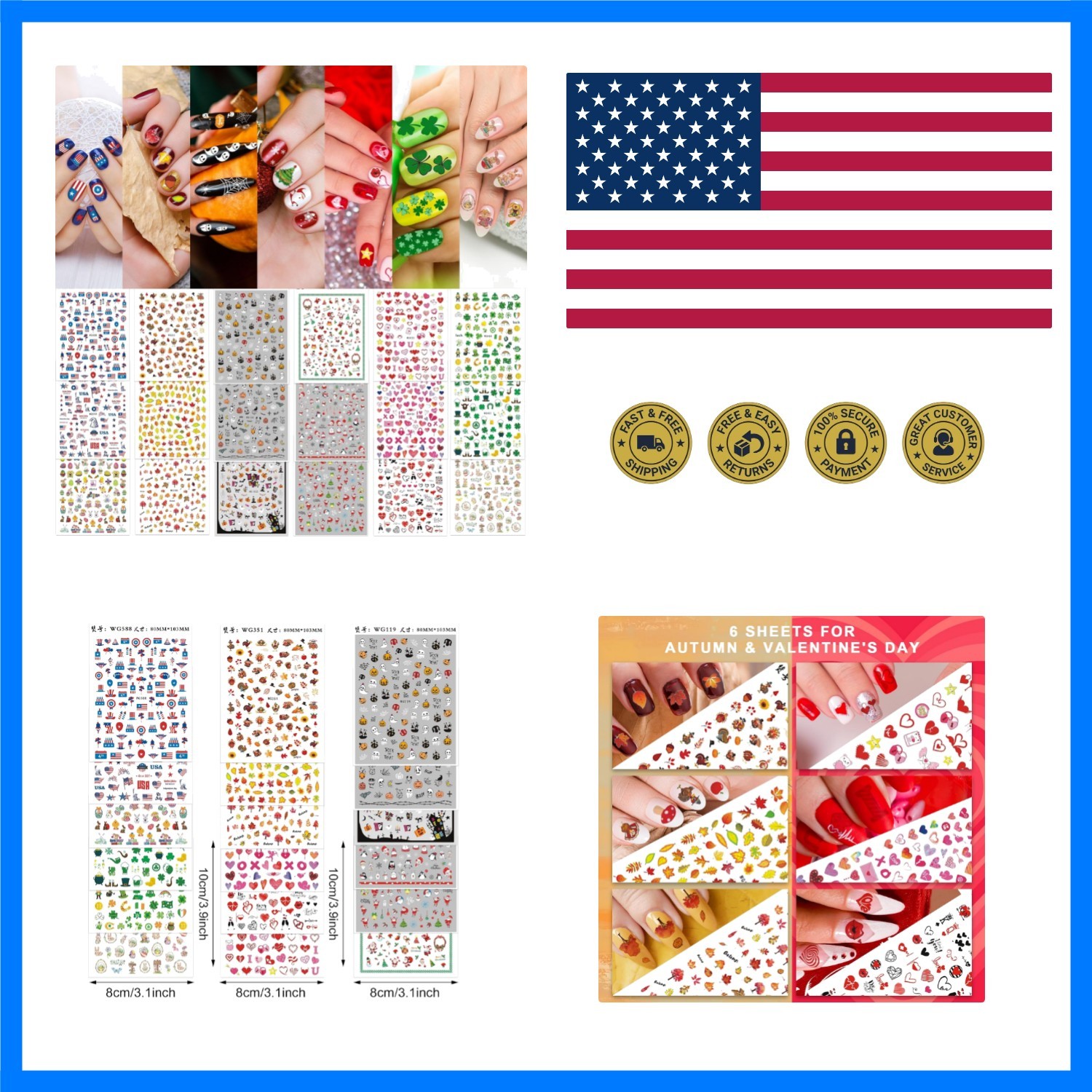 18 Sheets All Season Nail Art Stickers Easter St. Patrick’s All Holiday Valen…