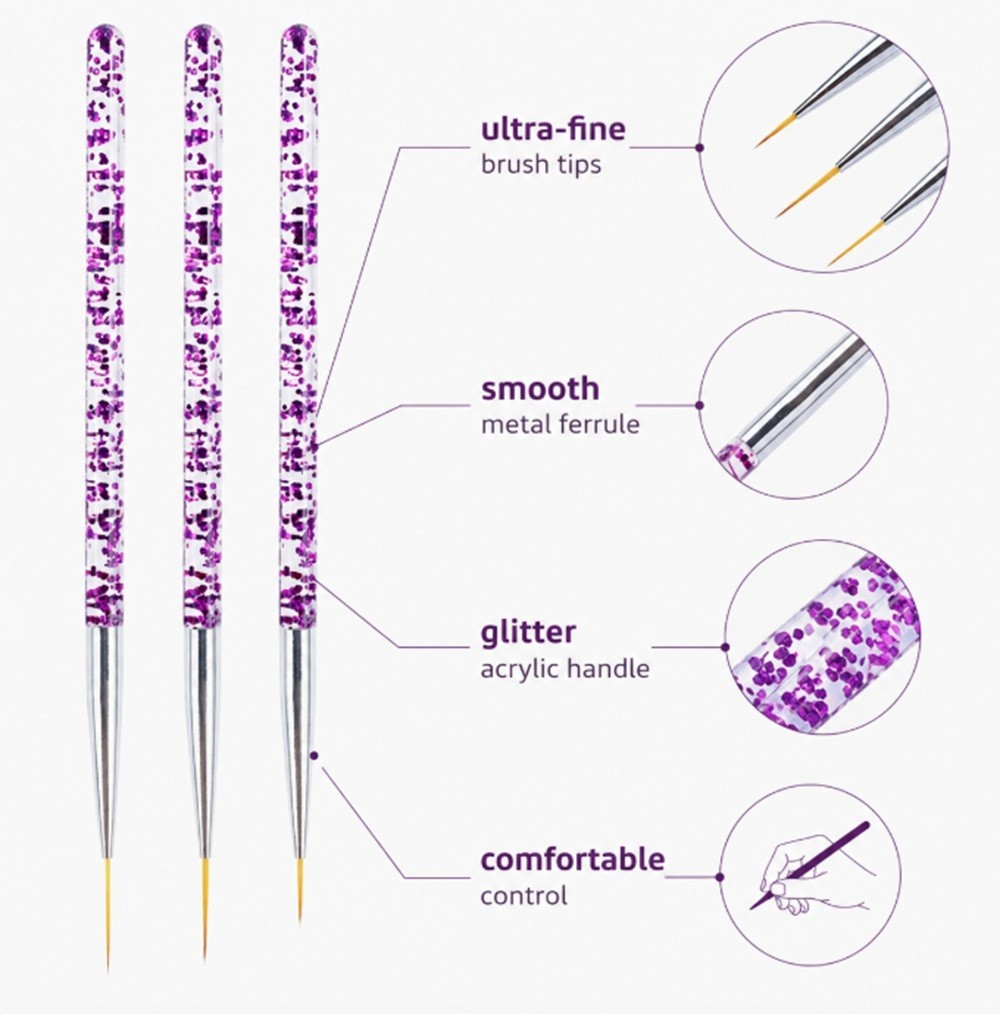 3-Piece Nail Art Tool Set Nail Art Pen UV Gel Dotting Tool Fine Liner Brush Kit