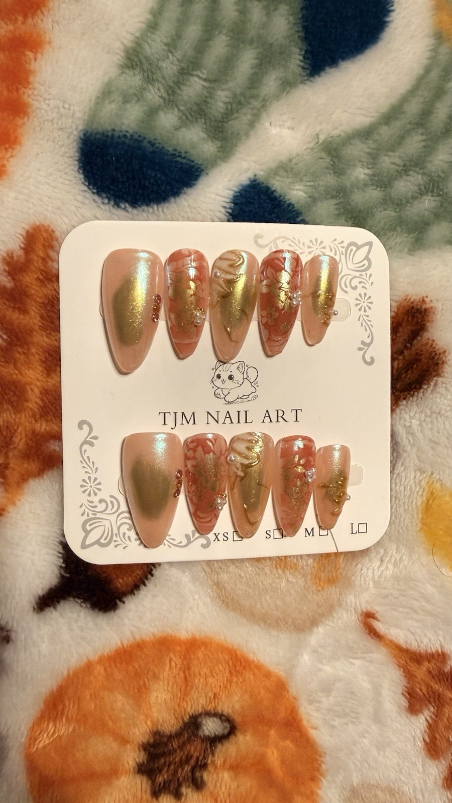 TJM Nail Art Metallic Pink/Gold Floral Almond Long Full Cover Press-On Nails