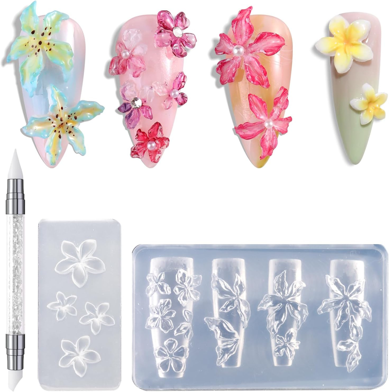 Silicone Nail Molds, 2PCS Reusable Clear 3D Flowers Nail Art Molds with Carving