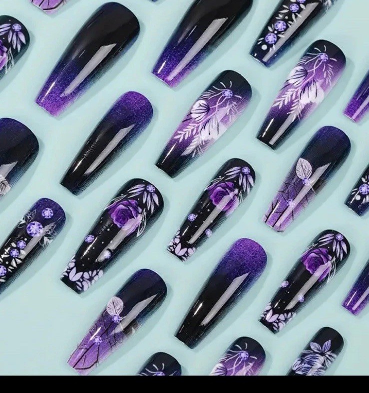 Deep Purple Floral Long Coffin Nail Tips 24pcs Goth Dark Boxed Nails GLUE & Tabs