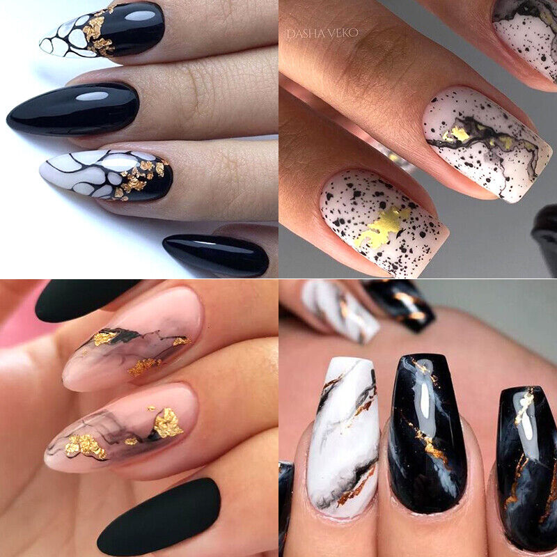 3D Black Gold Bronzing Marble Nail Art Stickers Decals French Line Ink DIY NS43