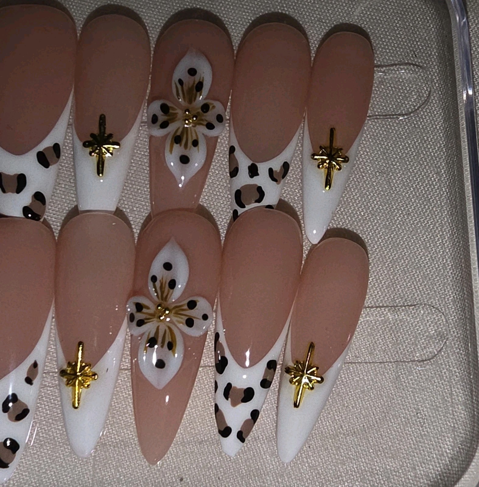 Press-On Nails Full Almond Cover Nude White Black Gold French Animal Acryli M
