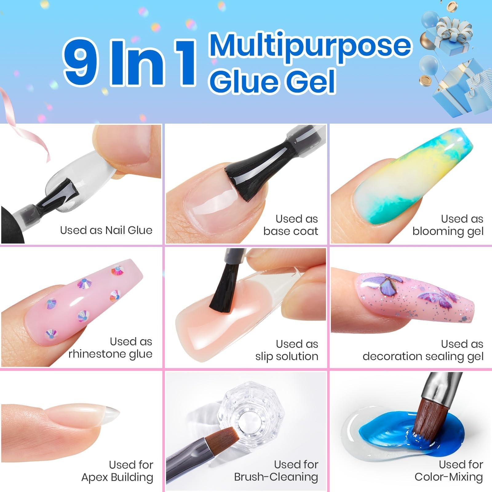 9 in 1 Gel Nail Glue Kit – 2x15ml Long Lasting Clear Acrylic Polish, UV Light Ne