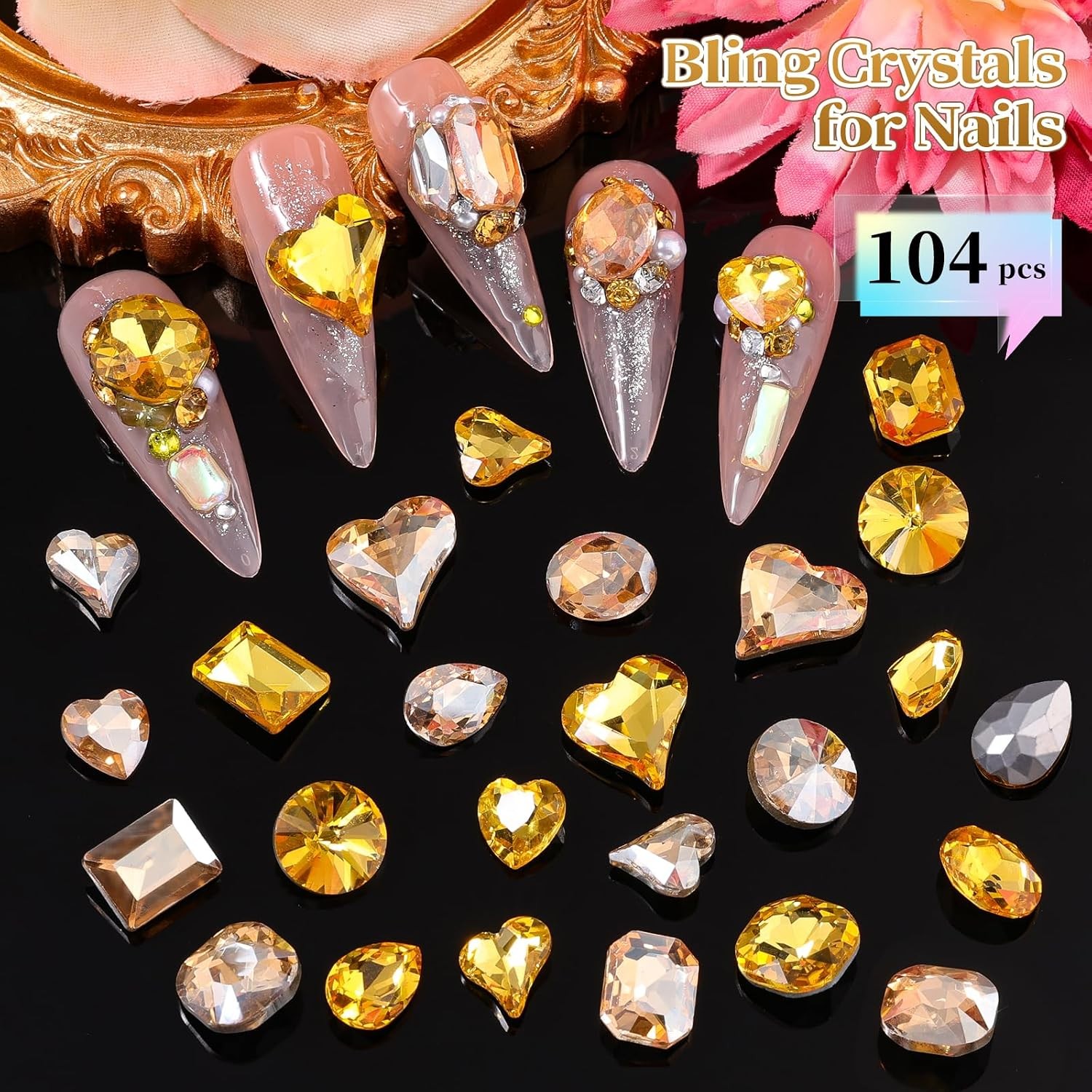 104PCS Glass Nail Gems, 3D Champagne Gold Nail Art Rhinestones for Women