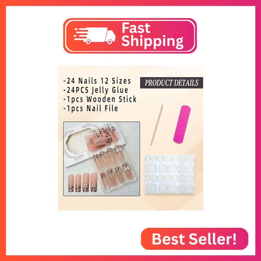 Jremg French Tip Press on Nails Long Square Fake Nails Glossy Brown Leopard Prin