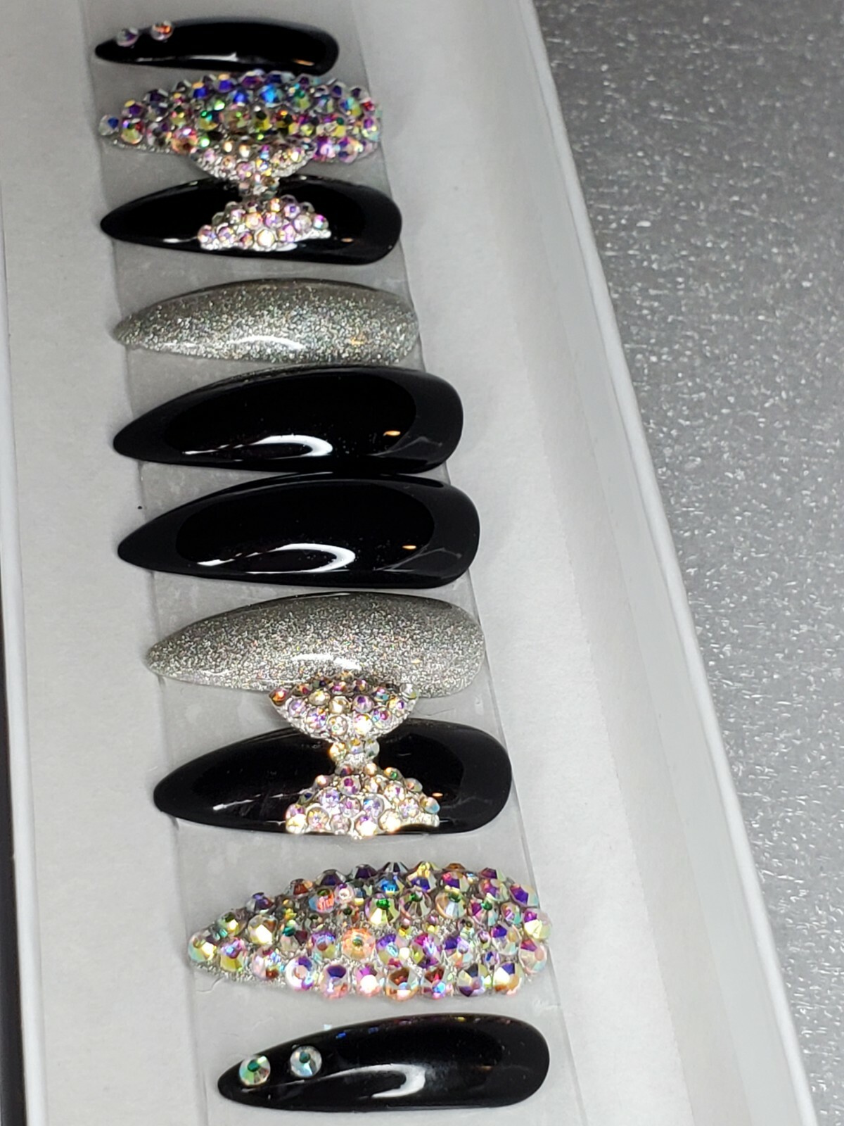 Black holographic glitter bling press on nails holo diamond crystal stiletto