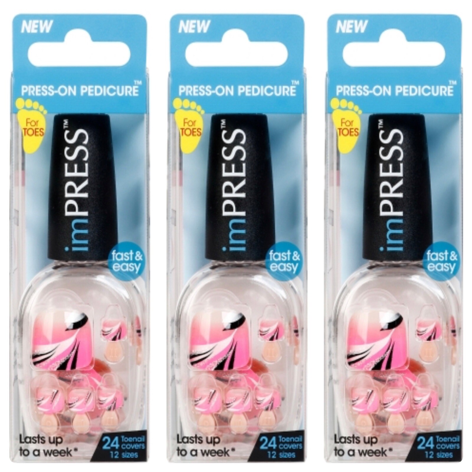 Kiss ImPress Press-On Pedicure Toenails (Pink w/ Black & White Design) Lot of 3