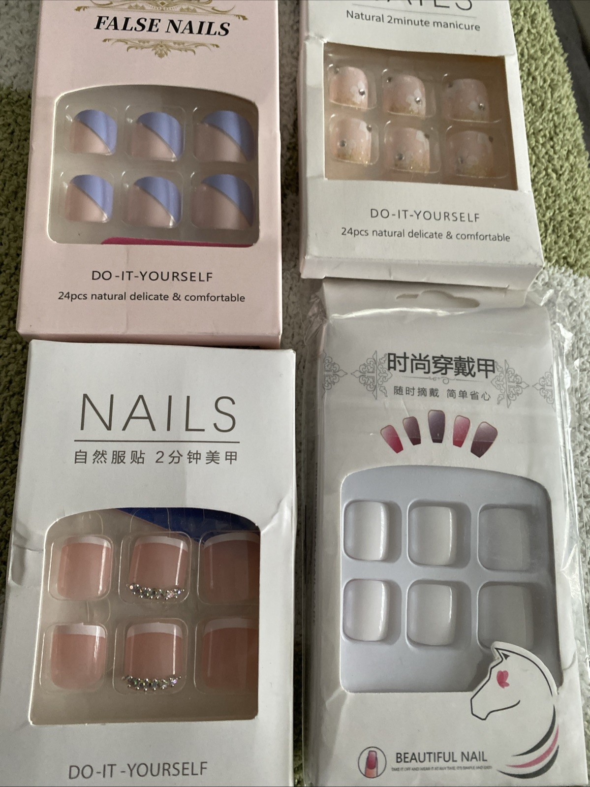4 Sets TOE NAIL PRESS ONS – French Bling, Bi Color, White & Pink Daisy