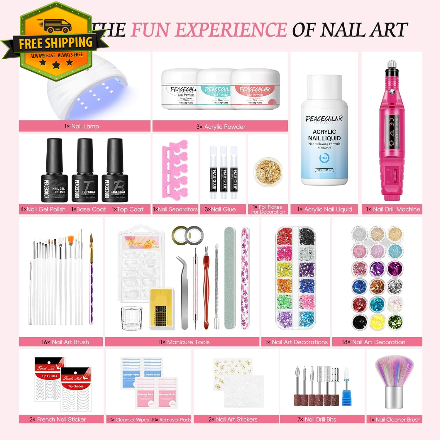 Acrylic Nail Kit With Drill UV Light 3 Powder Glitter Tips DIY Home Salon Set