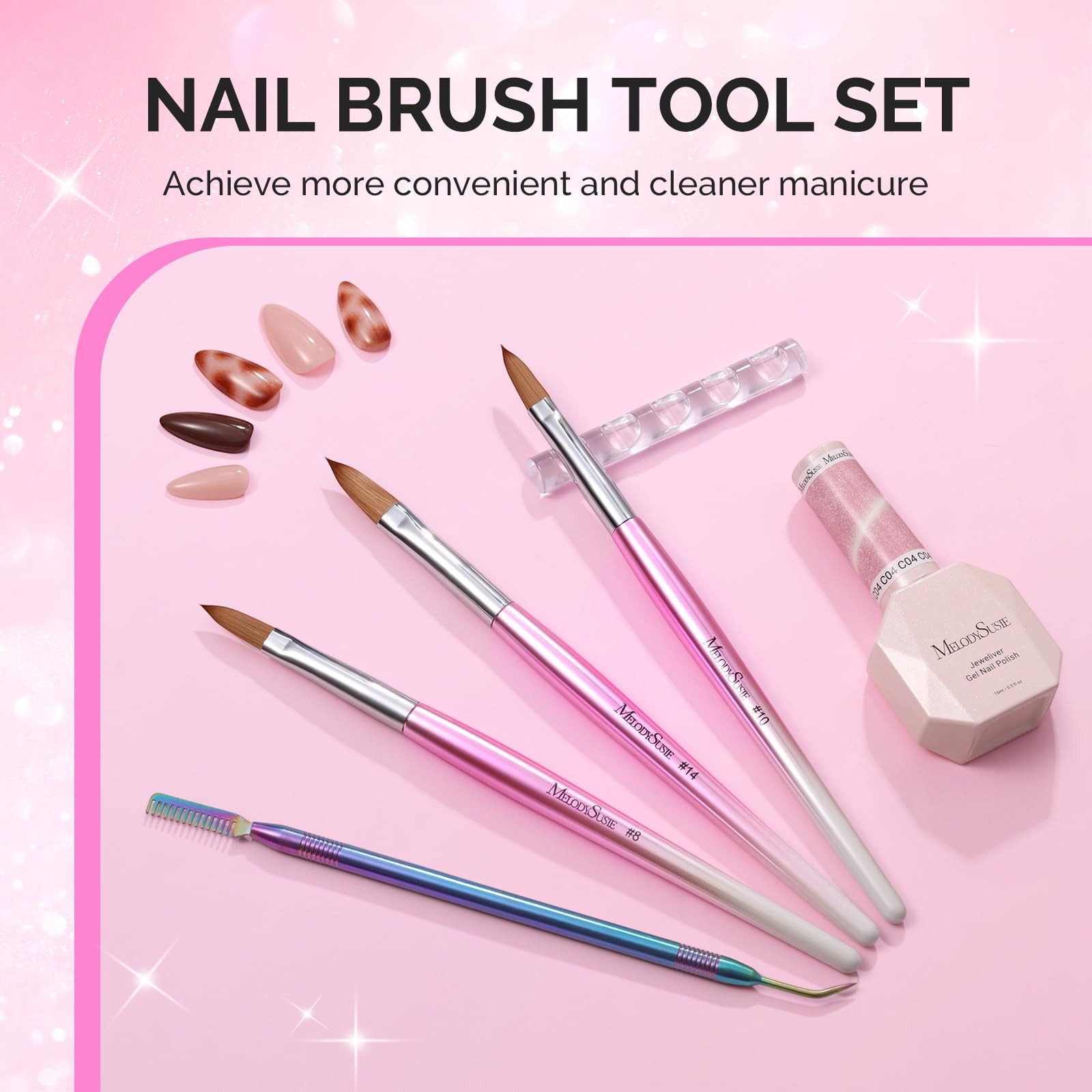 MelodySusie Acrylic Nail Brush Set, Size 8,10,14 Professional Pink Silver Nai…