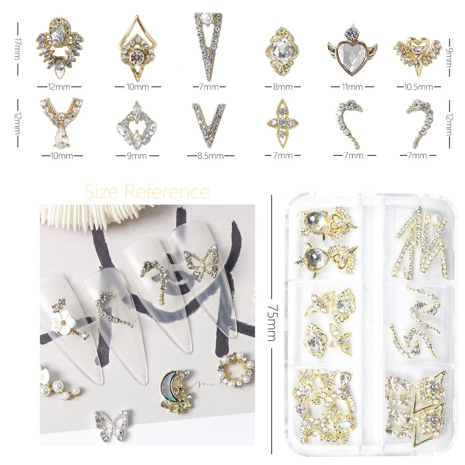 12 Pair 3D Alloy Gold Nail Art Rhinestones – Heart Shaped Nail Charms, Golden…