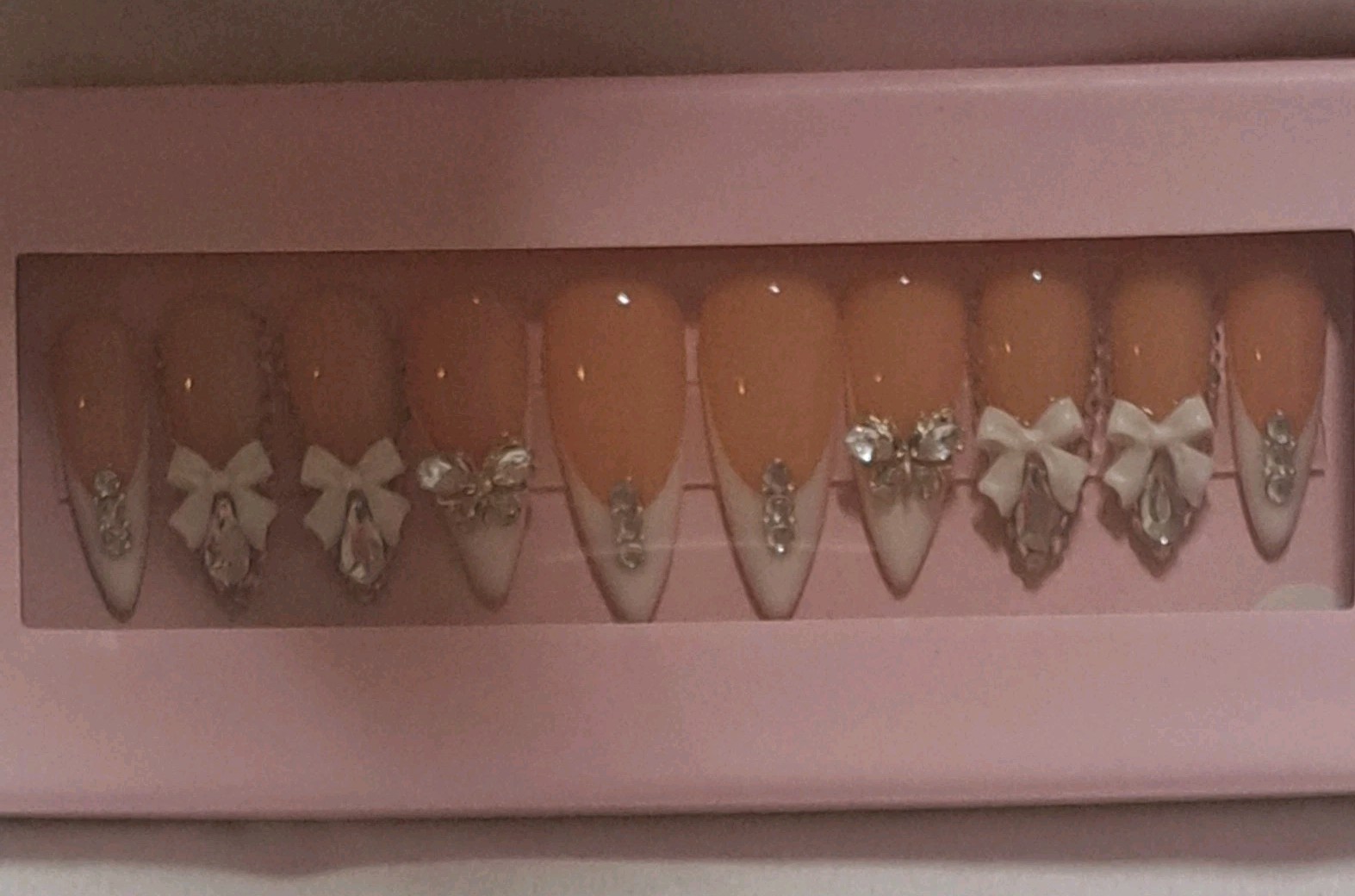 Handmade Stiletto Press On Nails Nude White French Tip Bow Rhinestone Bling