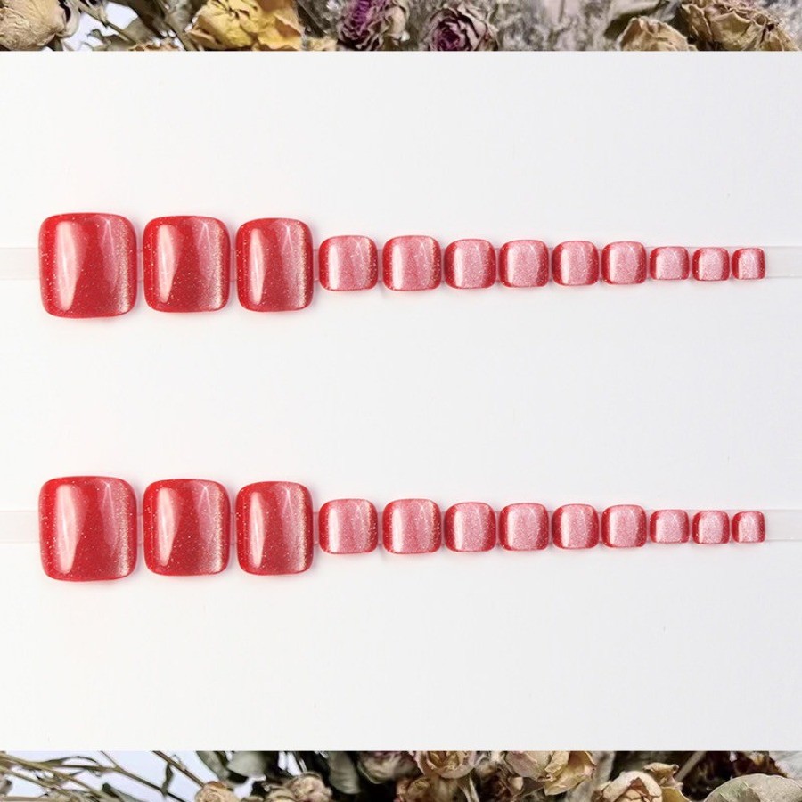 48Pcs-Short Square Red Cat Eye Glitter Simple Toe Press on Nails