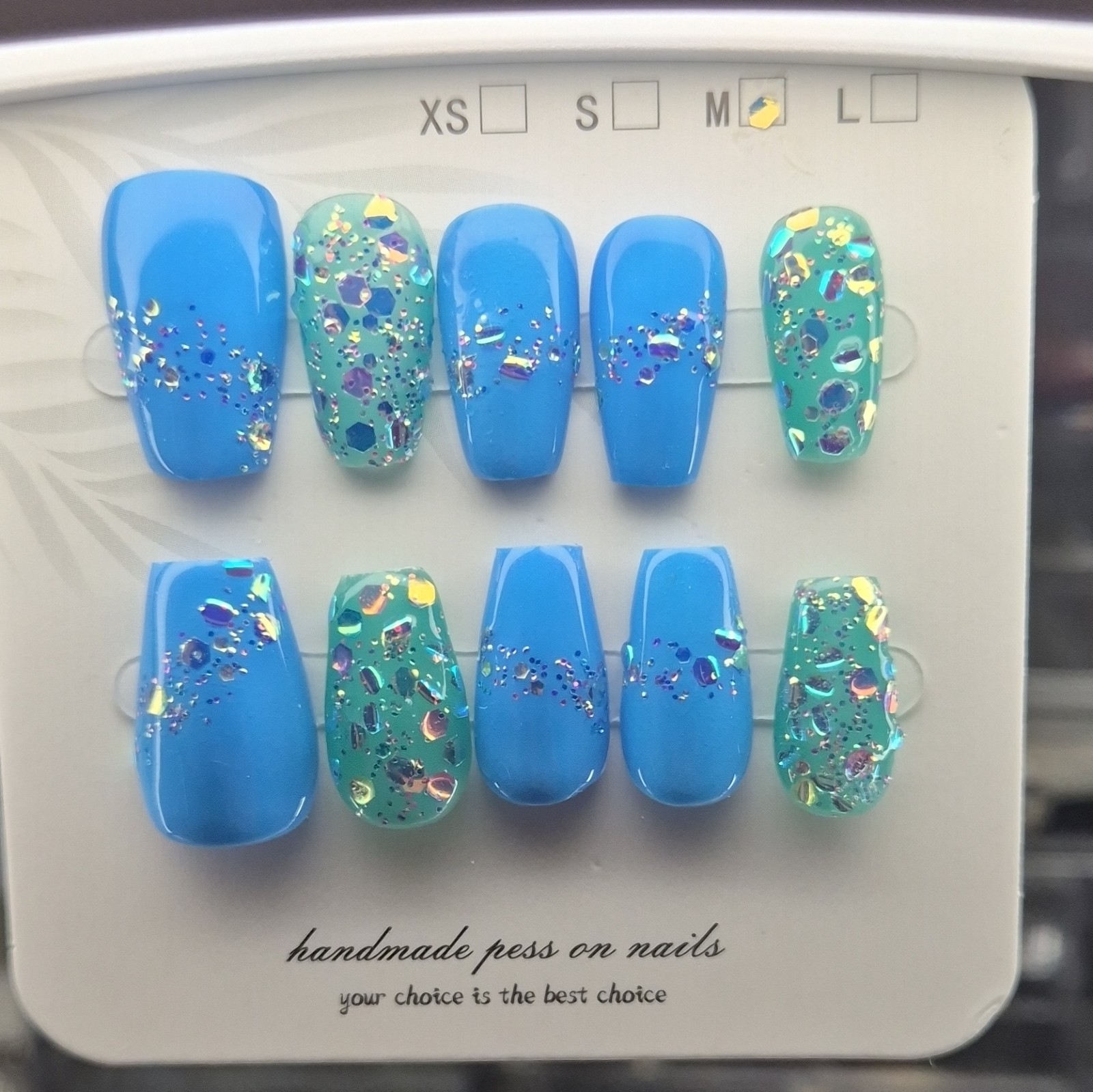 Blue Green Glitter Coffin Press-On Nails Set Pre-Designed Full Cover Medium