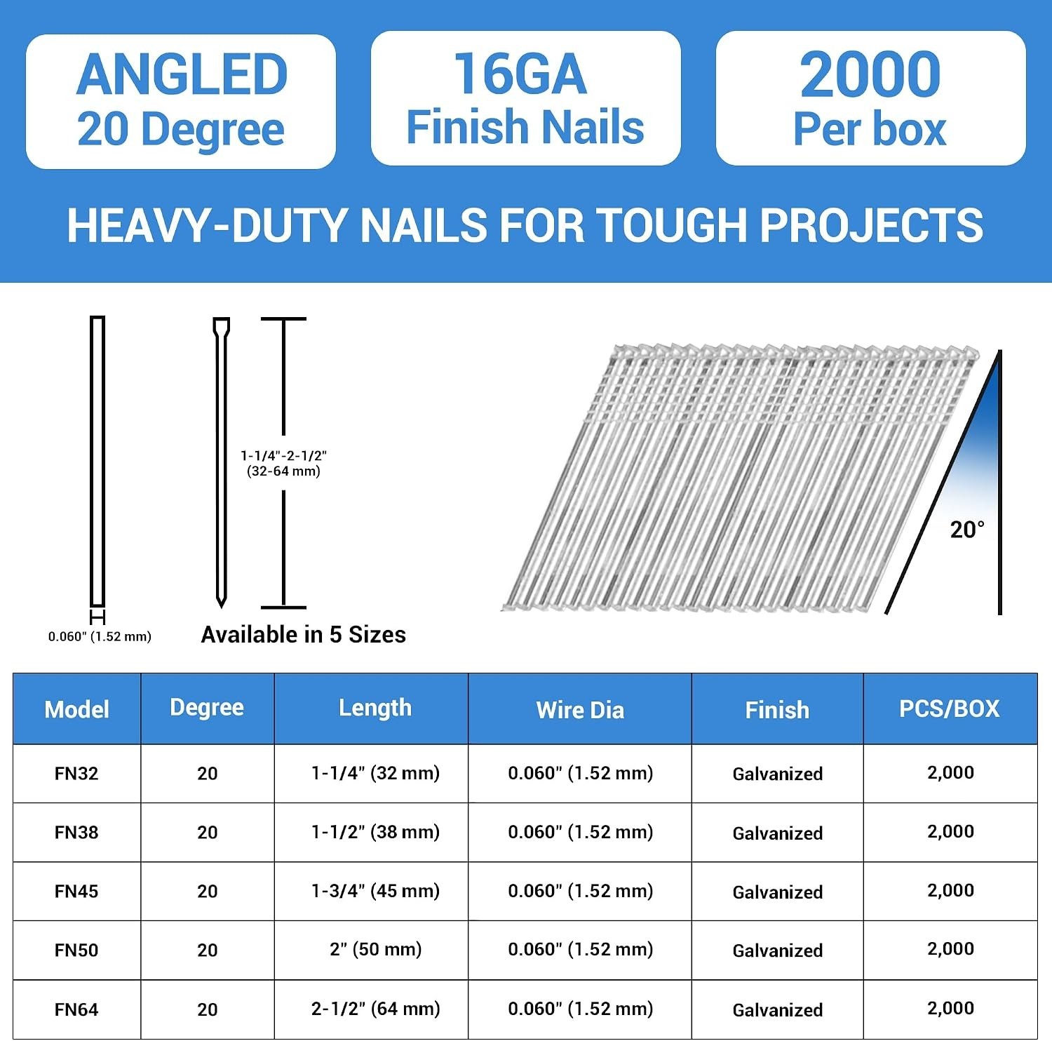 Galvanized 16 Gauge 20 Degree Angled Finish Nails – Perfect for DIY & Pro Use